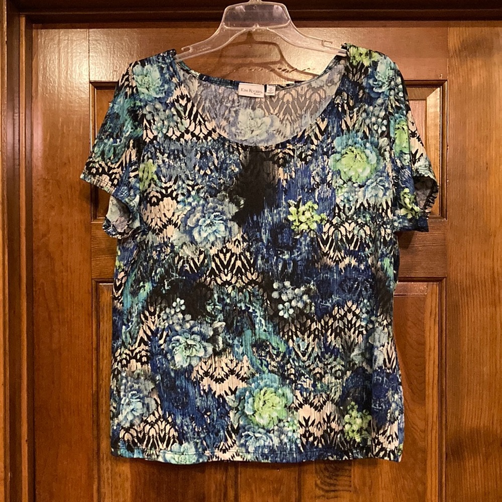 1X Kim Rogers Blue, Aqua, and Black Floral / Animal Print Stretch Top